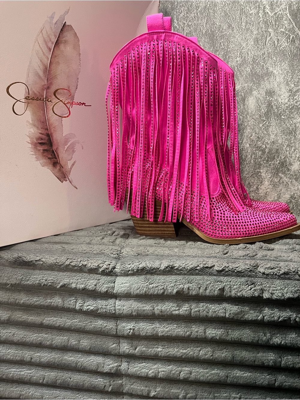 Jessica Simpson Bright Pink Fringe Rhinestone Studded Western Booties